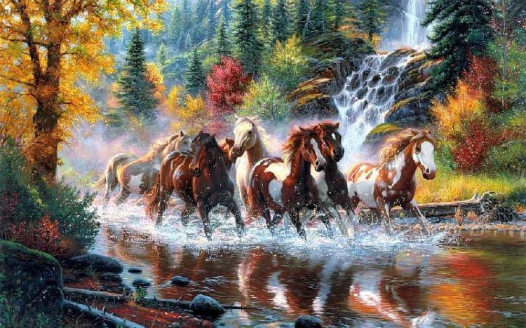 Алмазная вышивка «Лошади на горной реке»