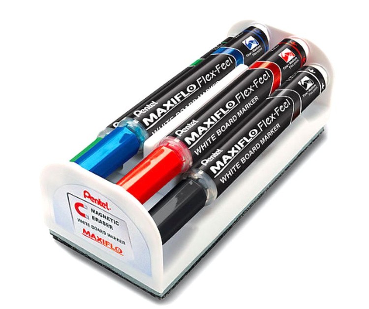 Набор маркеров для досок Maxiflo Flex-Feel 4 цв., 1-5 мм, с магнитной губкой, Pentel — картинка 2