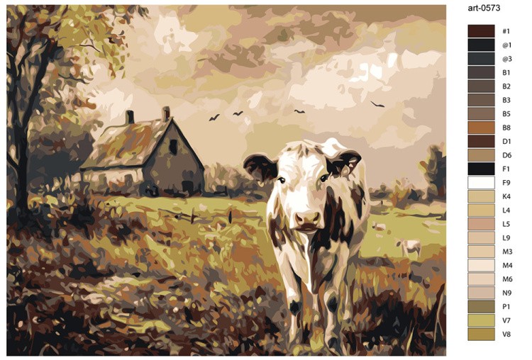 Картина по номерам «Животные: корова, деревенский пейзаж» — картинка 2