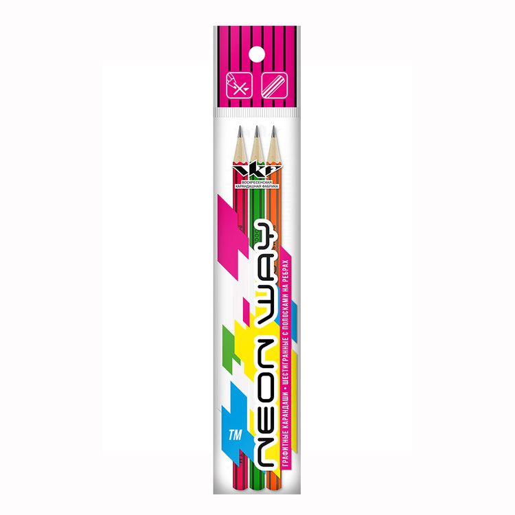 Набор графитных карандашей ВКФ «Neon way» ОПП неон с полосками на ребрах  ТМ (HB), 3 шт.