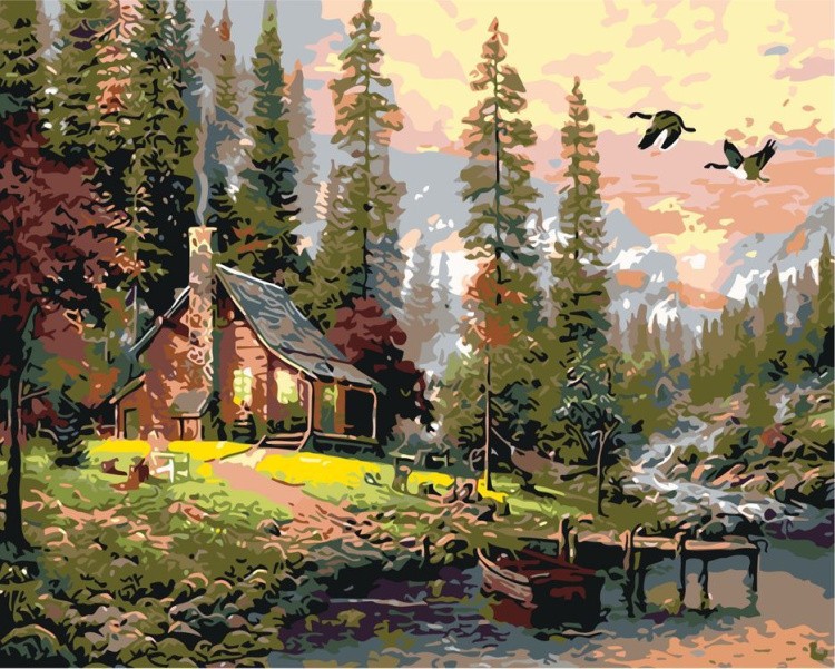 Картина по номерам «Домик в лесу у речки»