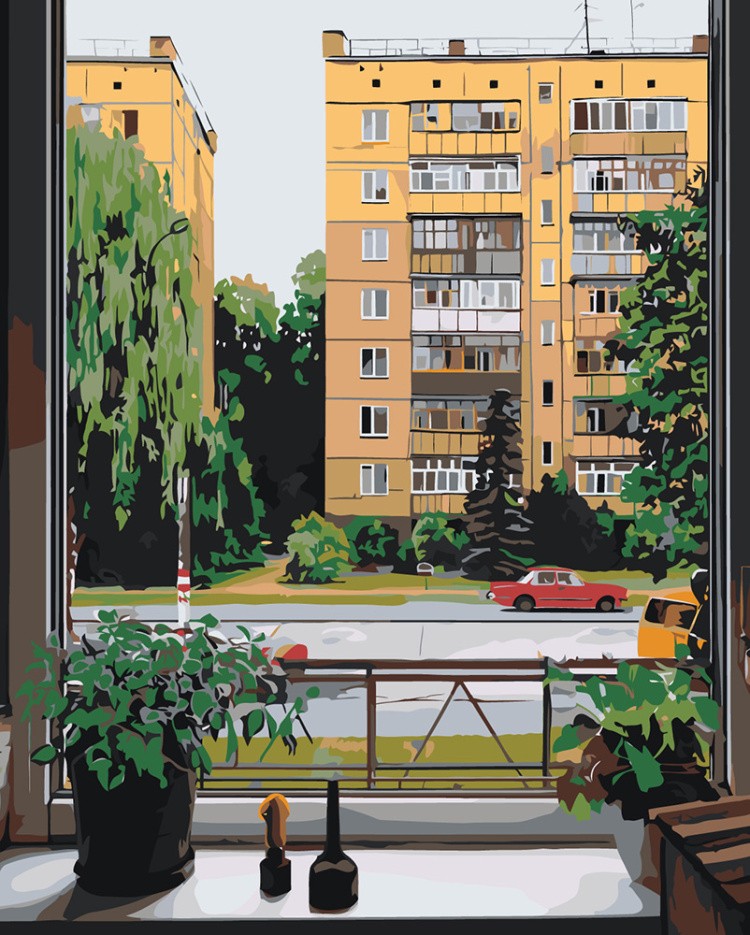 Картина по номерам Дома панельки родные лето за окном