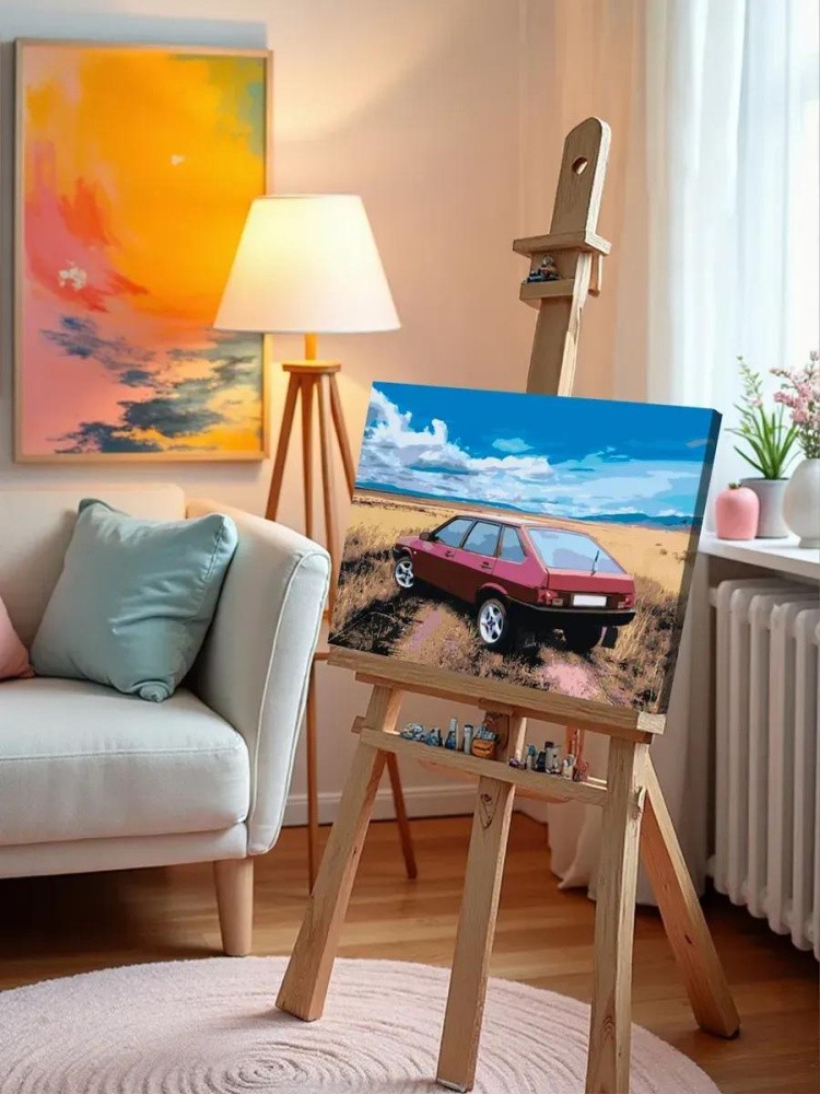 Картина по номерам «ВАЗ-2109: красная Лада девятка в поле» — картинка 9