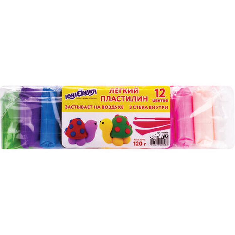 Пластилин супер лёгкий воздушный застывающий 12 цветов, 120 г, 3 стека, Юнландия — картинка 2