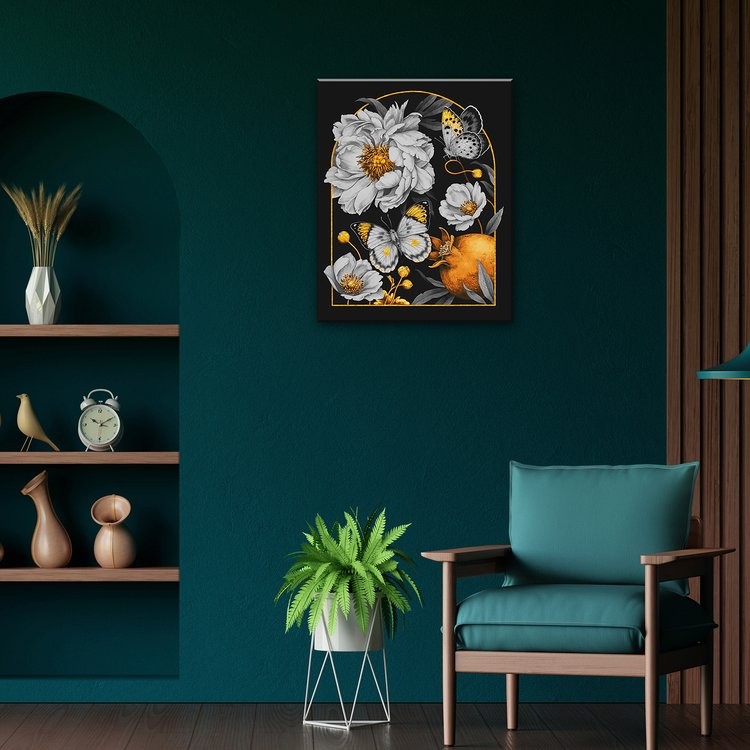 Картина по номерам с поталью «Черный холст Белые цветы и бабочки» — картинка 7