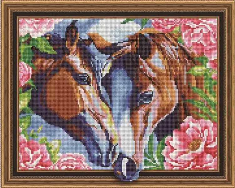 Алмазная вышивка 5D «Лошади в цветах»