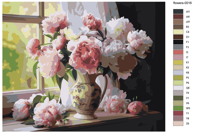 Картина по номерам «Цветы: Пышные пионы в вазе на окне» — картинка 2