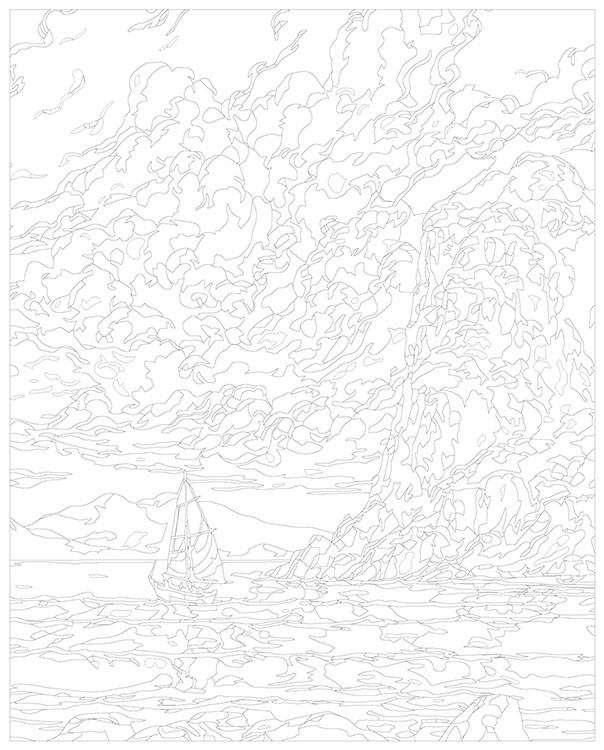 Картина по номерам «Природа: Пейзаж с лодкой на море и облачным небом» — картинка 3