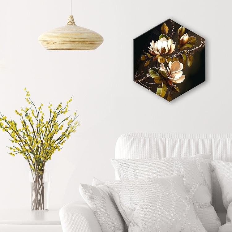 Картина по номерам чёрный холст с поталью Гексагон «Белая магнолия» — картинка 6