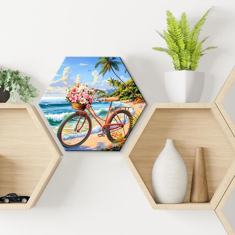 Картина по номерам с кристаллами из хрусталя Гексагон «Велосипед с корзиной цветов» — картинка 2