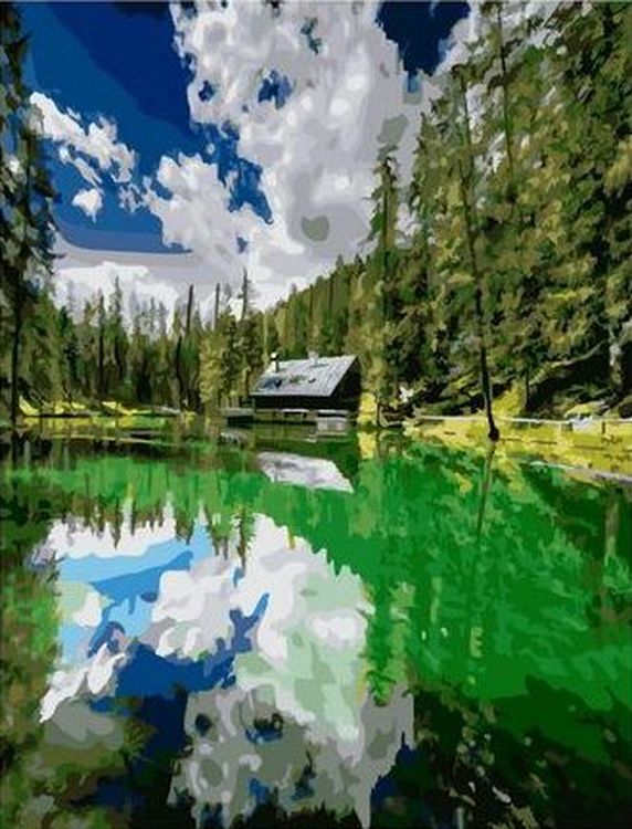 Картина по номерам «Зеленое озеро у дома»