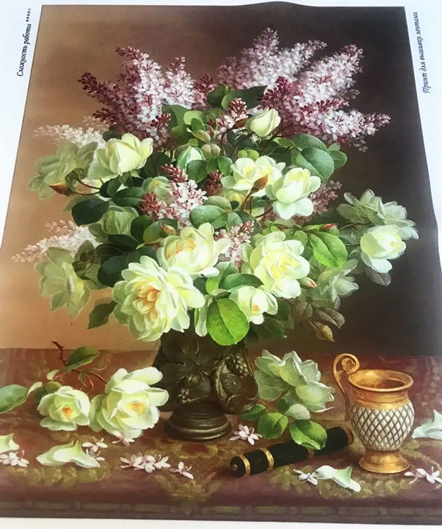 Вышивка лентами «Белые розы и сирень» — картинка 6