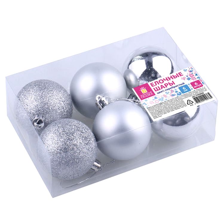 Шары елочные, набор 6 шт., пластик, 6 см, серебристые (глянец, матовый, глиттер) — картинка 5
