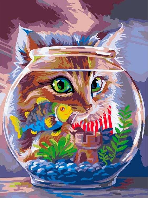 Картина по номерам «Котенок и рыбка»
