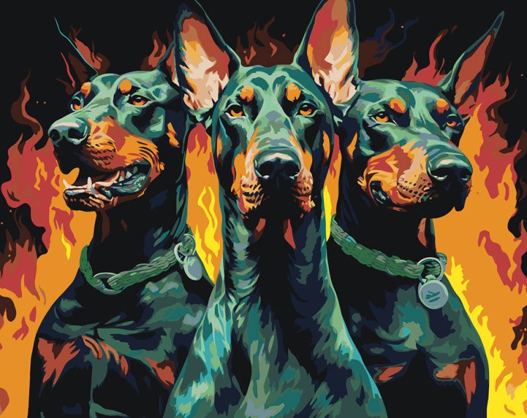 Картина по номерам «Собаки доберманы на фоне огня»