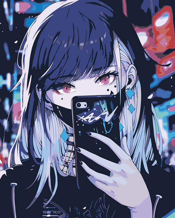 Картина по номерам «Аниме: Девушка в маске с телефоном в стиле киберпанк»