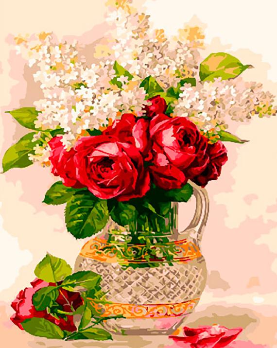 Картина по номерам «Сирень и розы в кувшине»