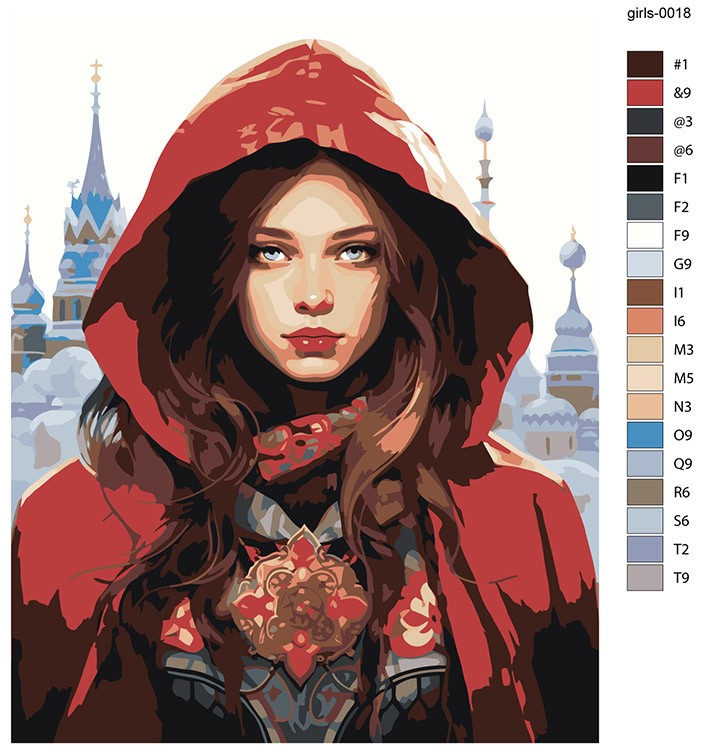 Картина по номерам «Девушка в капюшоне на фоне храма» — картинка 2