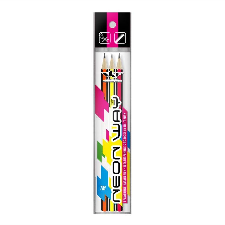 Набор графитных карандашей ВКФ «Neon way» ОПП неон с полосатыми гранями ТМ (HB), 3 шт.