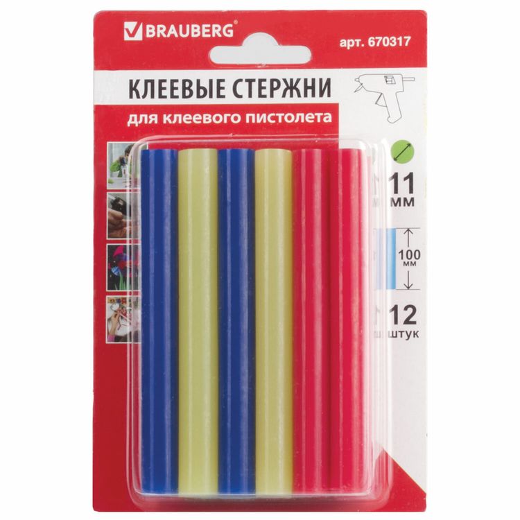 Клеевые стержни, диаметр 11 мм, длина 100 мм, цветные (ассорти), комплект 12 шт., 6 цв., Brauberg