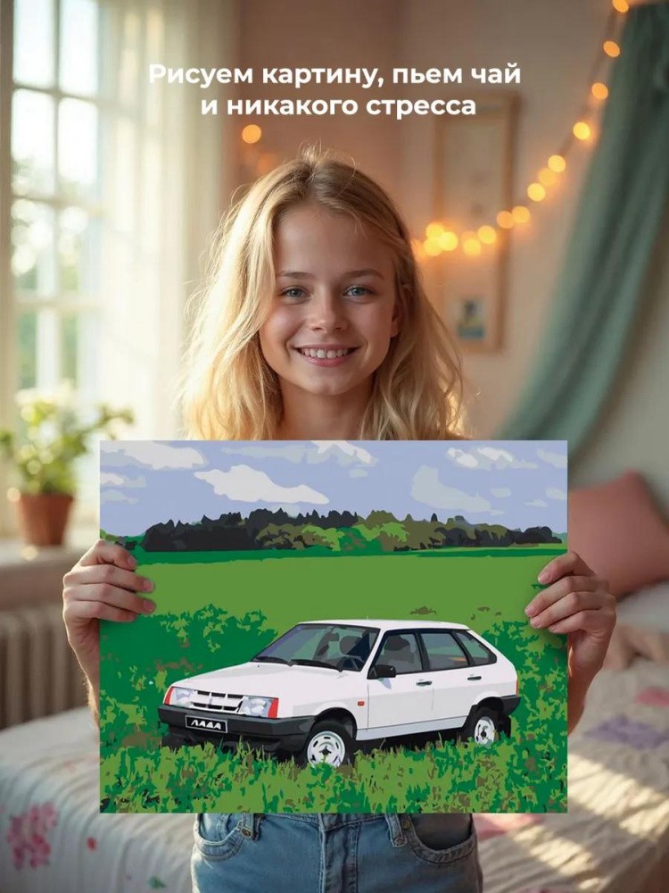 Картина по номерам «ВАЗ-2109: белая Лада девятка на зеленом лугу» — картинка 7