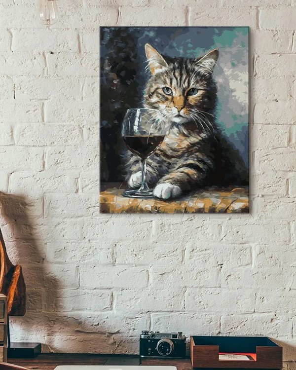 Картина по номерам «Задумчивый кот с бокалом красного вина» — картинка 3