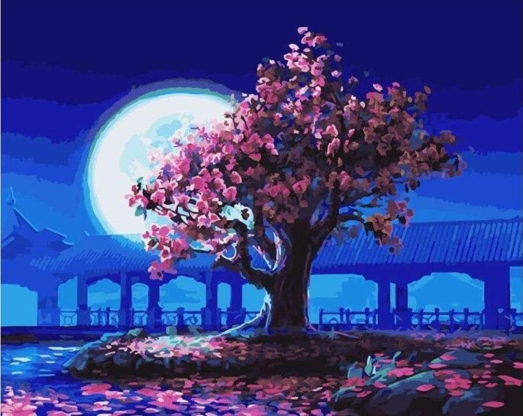 Картина по номерам «Розовое дерево на фоне Луны»