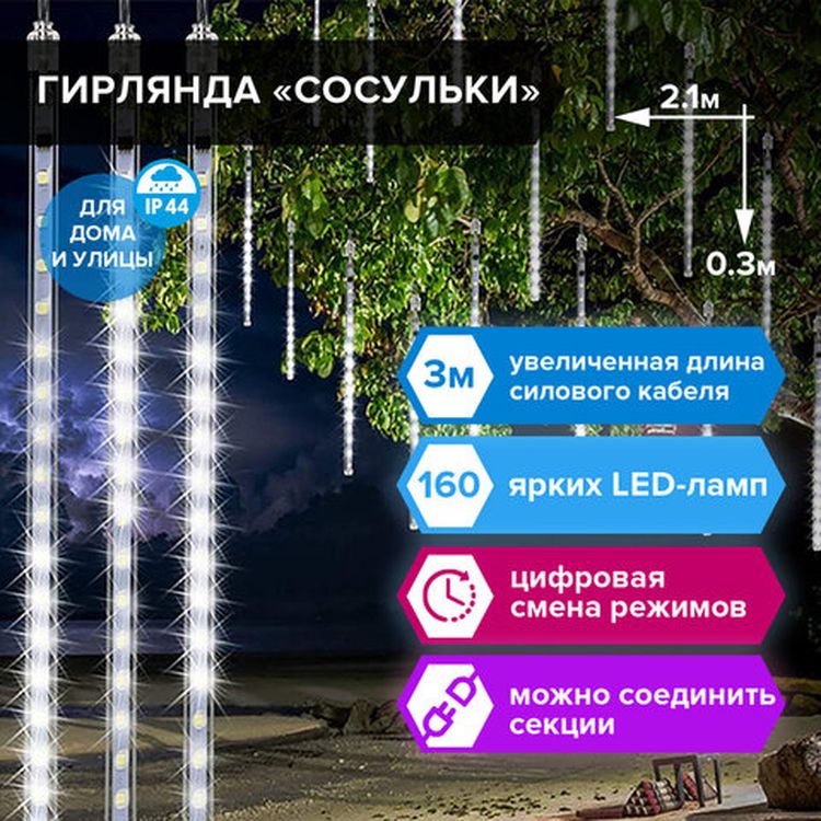 Гирлянда светодиодная на окно «Сосульки», 160 ламп, 2,1х0,3 м, цвет: холодный белый