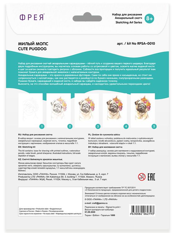 Скетч для раскрашивания акварельными карандашами «Милый мопс» — картинка 3