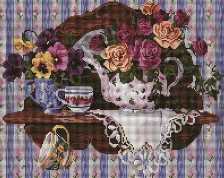 Алмазная вышивка «Уютный натюрморт с чашками и розами»