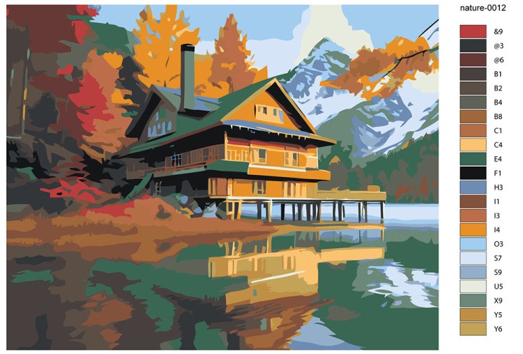 Картина по номерам «Природа: Пейзаж с домом на озере с видом на горы 2» — картинка 2