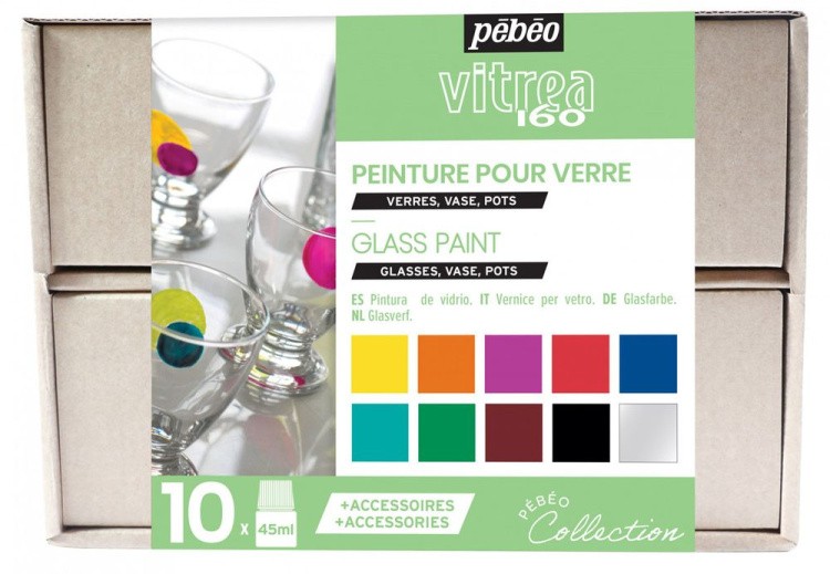 Набор красок Vitrea 160 «Коллекция» по стеклу под обжиг с аксессуарами PEBEO, 10 цв., 45 мл