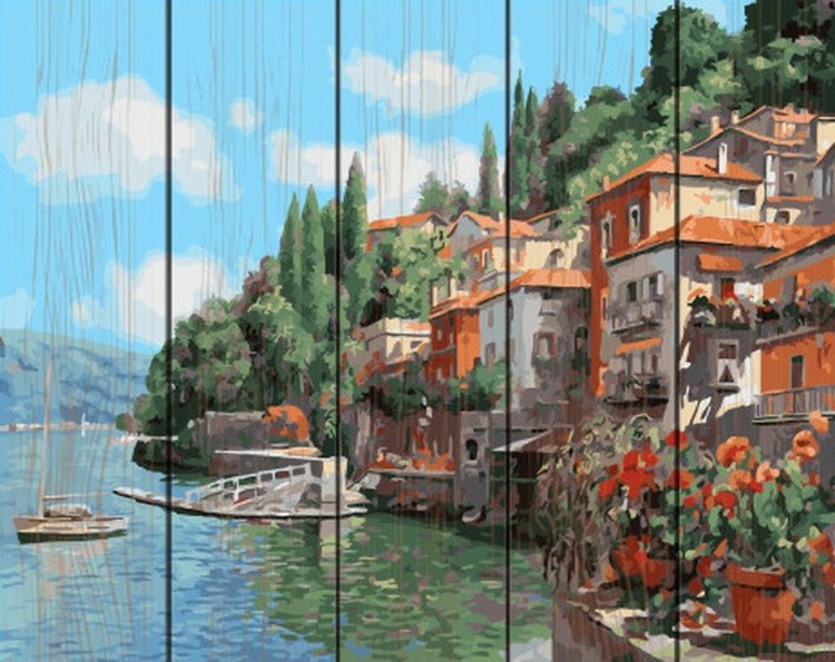 Картина по номерам по дереву «Городок у моря»