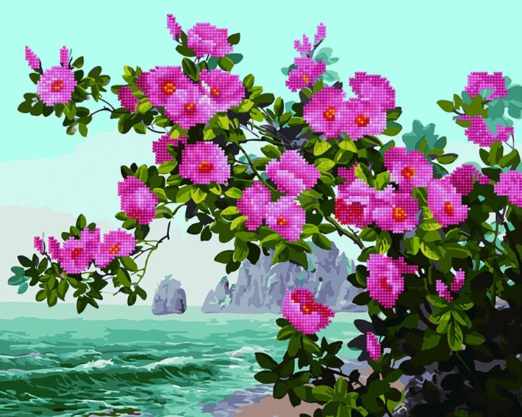 Алмазная картина-раскраска «Цветы у моря»