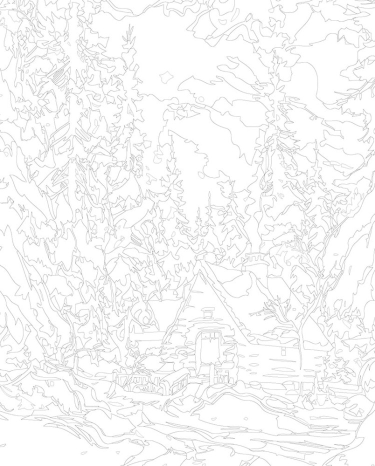 Картина по номерам «Зима: домик в заснеженном лесу, закат» — картинка 3