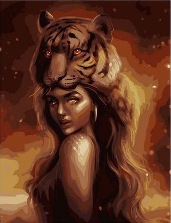 Картина по номерам «Девушка с тигром на голове»