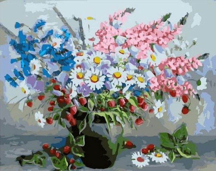 Картина по номерам «Цветы и ягоды в кувшине»