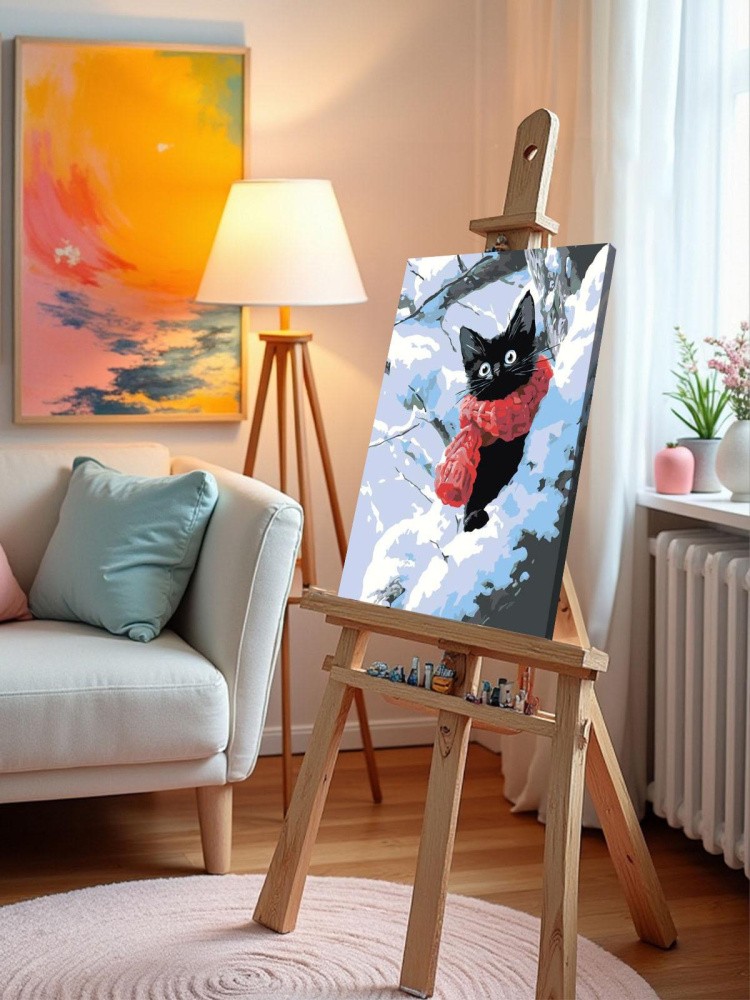 Картина по номерам Черный котик зимой среди снега — картинка 10