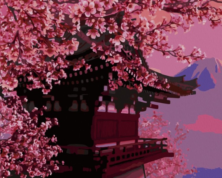 Картина по номерам «Цветение сакуры и пагода»