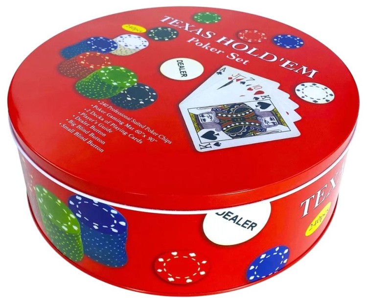 Набор для покера «Texas Holdem» в жестяной коробке, 240 фишек с номиналом — картинка 3