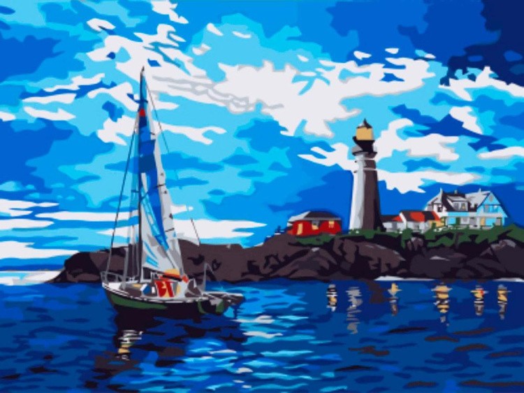 Картина по номерам «Яхта у маяка»