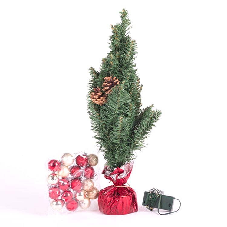 Ель искусственная декоративная, 50 см, зеленая, с гирляндой и игрушками — картинка 2