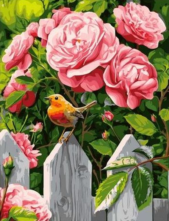 Картина по номерам «Пионы, птичка и забор»