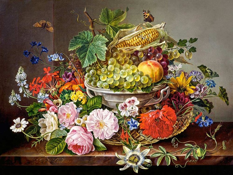 Пазлы «Натюрморт с цветами и фруктами»