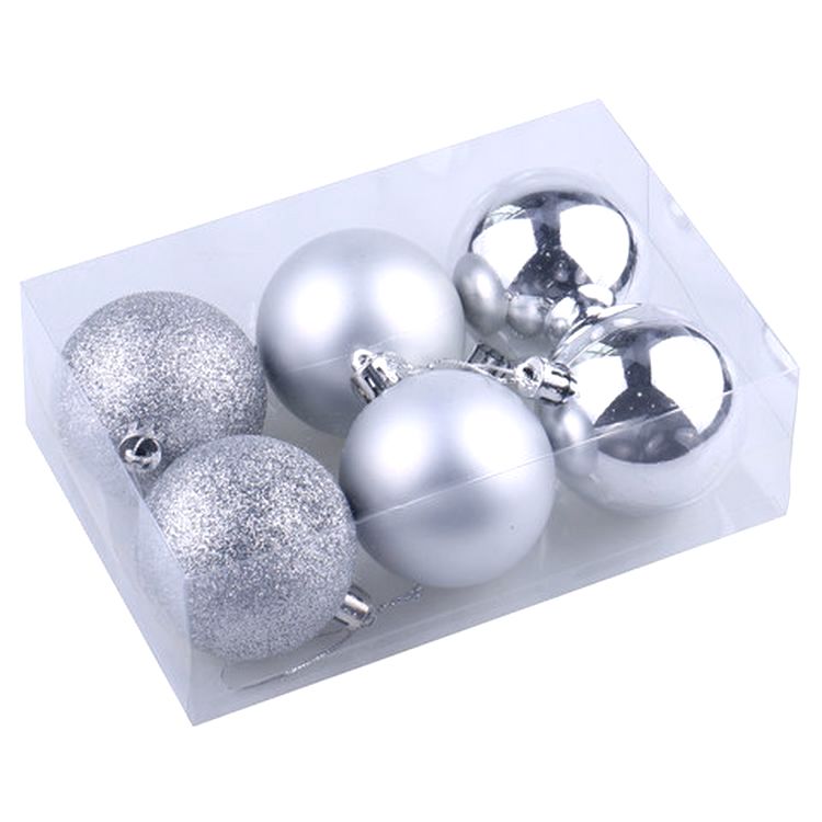 Шары елочные, набор 6 шт., пластик, 6 см, серебристые (глянец, матовый, глиттер) — картинка 4