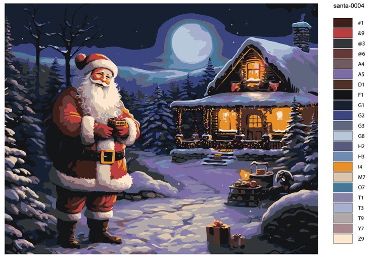 Картина по номерам «Новогодняя: Дед Мороз возле украшенного дома» — картинка 2