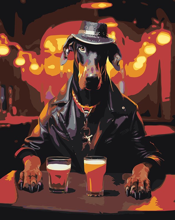 Картина по номерам «Собака доберман пьет пиво в баре»