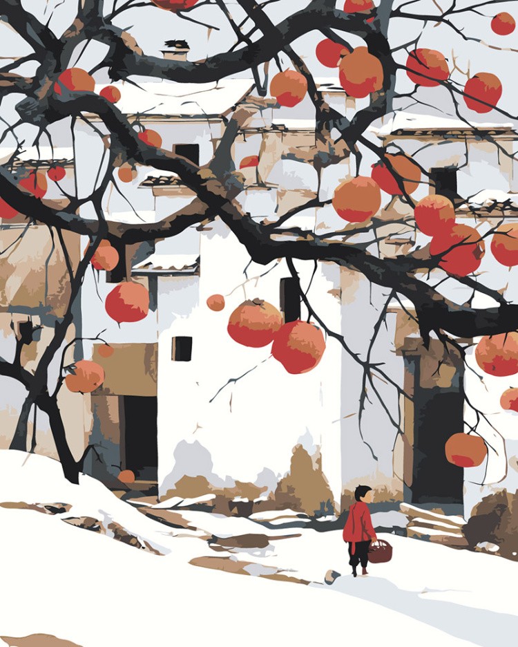 Картина по номерам Зимний пейзаж с хурмой и домами