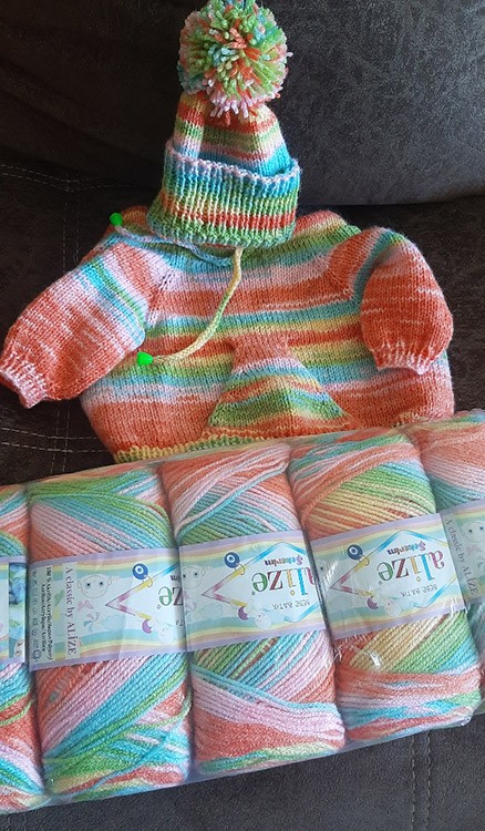 Пряжа ALIZE Sekerim bebe batik (4400), зеленый-св.оранж-розовый-желтый-голубой, 5 шт. по 100 г — картинка 2