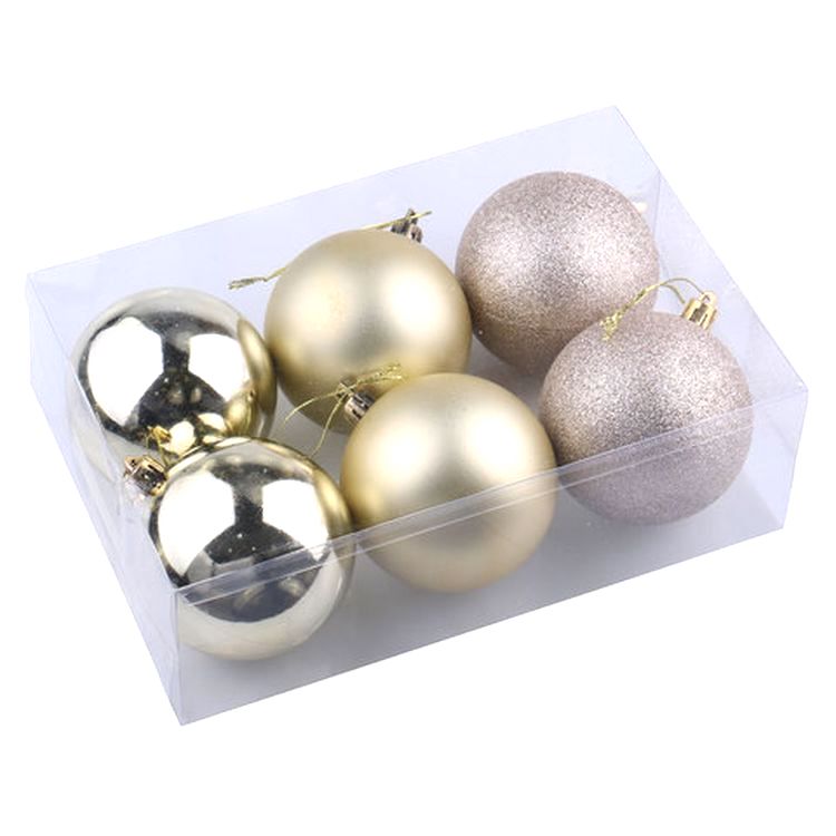 Шары елочные, набор 6 шт., пластик, 8 см, светлое золото (глянец, матовый, глиттер) — картинка 4